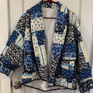 Floral Patchwork Quilted Jacket - Blue, Black, White